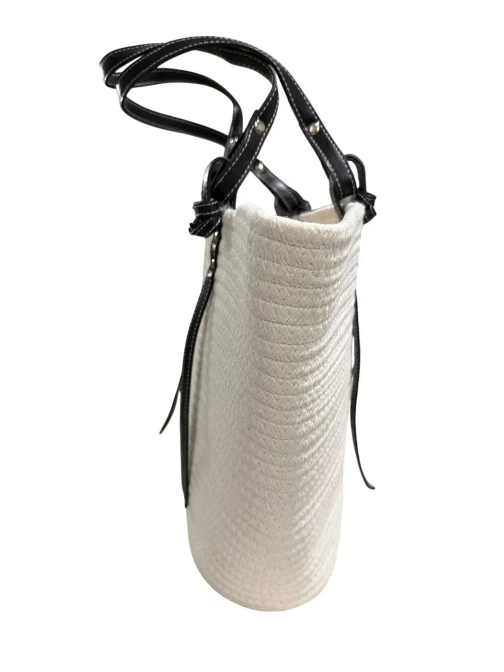 New Large White Woven Tote Bag With Black Faux Leather Handles